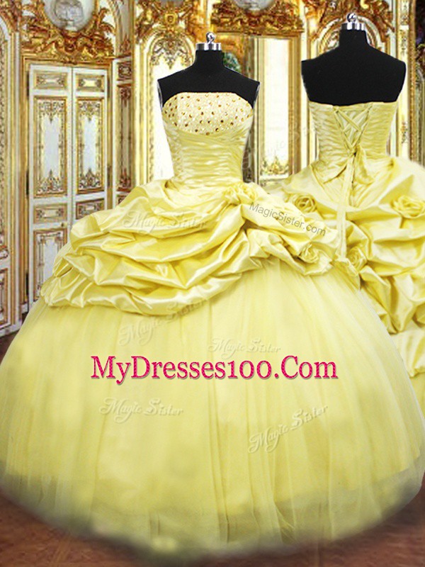 Affordable Taffeta Sleeveless Floor Length Vestidos de Quinceanera and Beading and Pick Ups