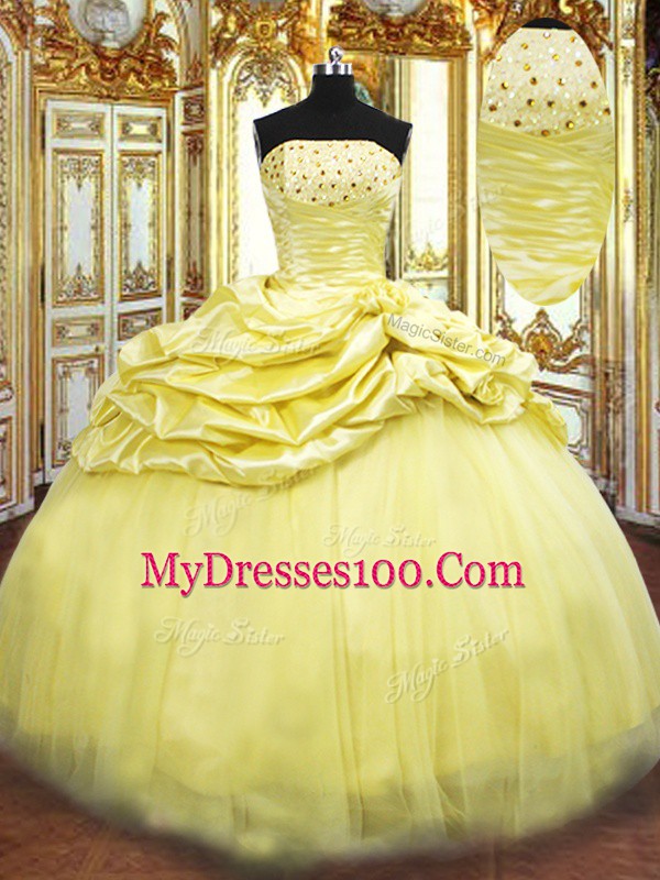 Affordable Taffeta Sleeveless Floor Length Vestidos de Quinceanera and Beading and Pick Ups