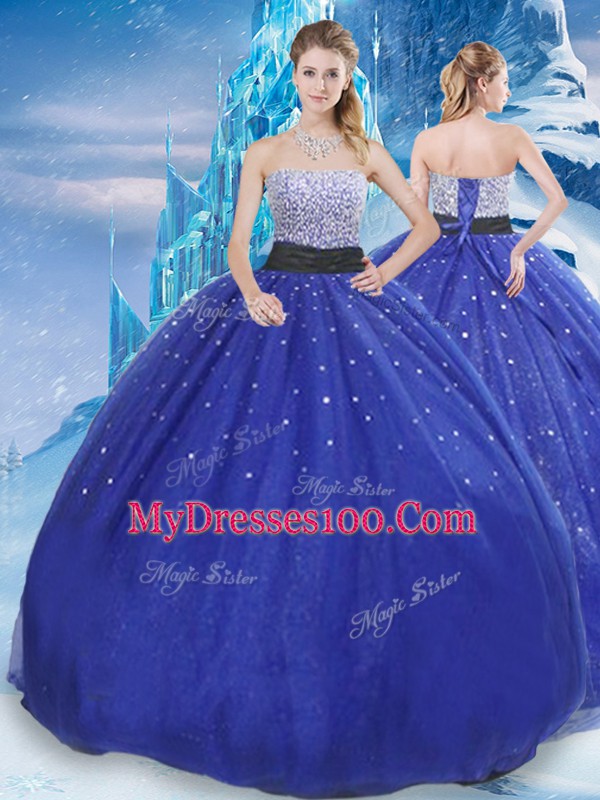 Traditional Sleeveless Tulle Floor Length Lace Up Quinceanera Dresses in Royal Blue with Beading and Sequins
