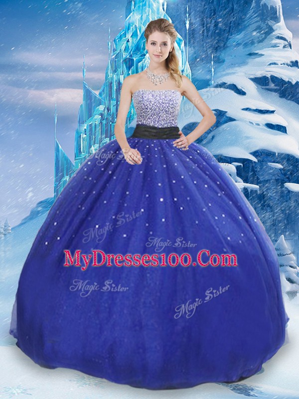 Traditional Sleeveless Tulle Floor Length Lace Up Quinceanera Dresses in Royal Blue with Beading and Sequins
