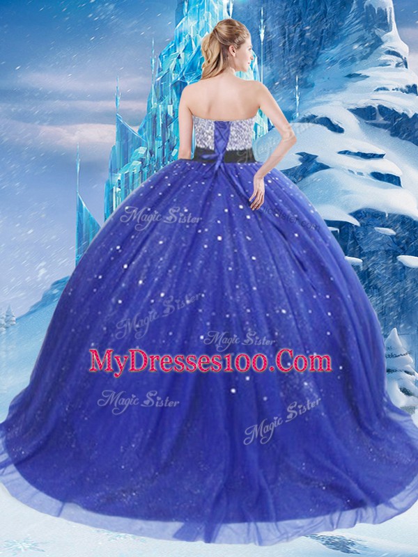 Traditional Sleeveless Tulle Floor Length Lace Up Quinceanera Dresses in Royal Blue with Beading and Sequins