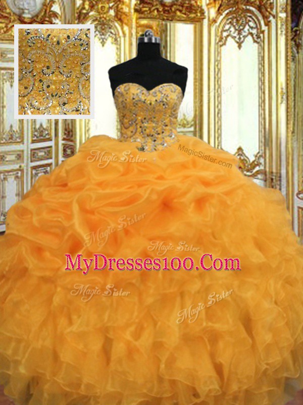Orange Sweetheart Lace Up Beading and Ruffles Quinceanera Dress Sleeveless