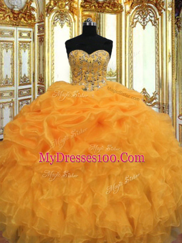Orange Sweetheart Lace Up Beading and Ruffles Quinceanera Dress Sleeveless