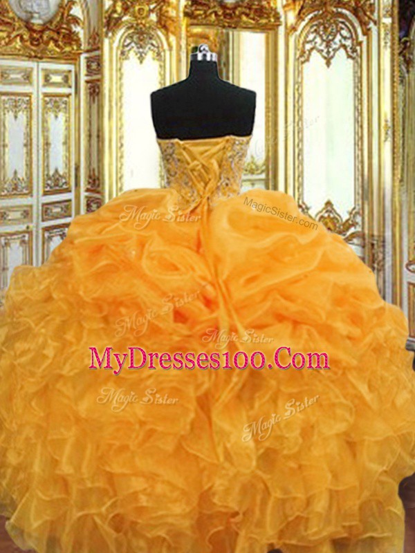 Orange Sweetheart Lace Up Beading and Ruffles Quinceanera Dress Sleeveless