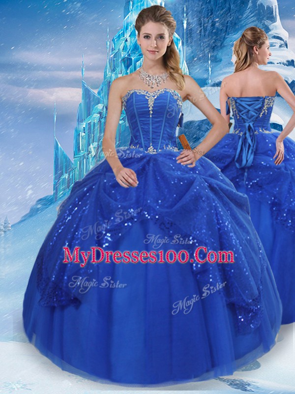 Adorable Sweetheart Sleeveless 15 Quinceanera Dress Floor Length Beading and Pick Ups Royal Blue Tulle