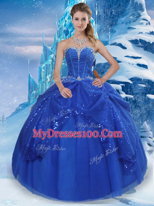 Adorable Sweetheart Sleeveless 15 Quinceanera Dress Floor Length Beading and Pick Ups Royal Blue Tulle