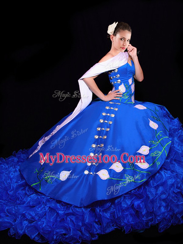 Amazing Royal Blue Sleeveless Embroidery and Ruffles Lace Up Sweet 16 Quinceanera Dress