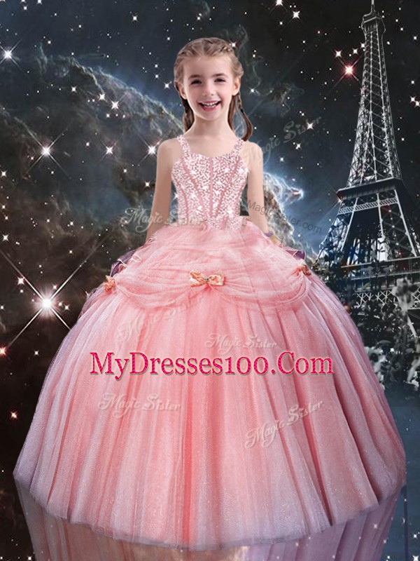 Superior Rose Pink Tulle Lace Up Straps Sleeveless Floor Length Kids Pageant Dress Beading