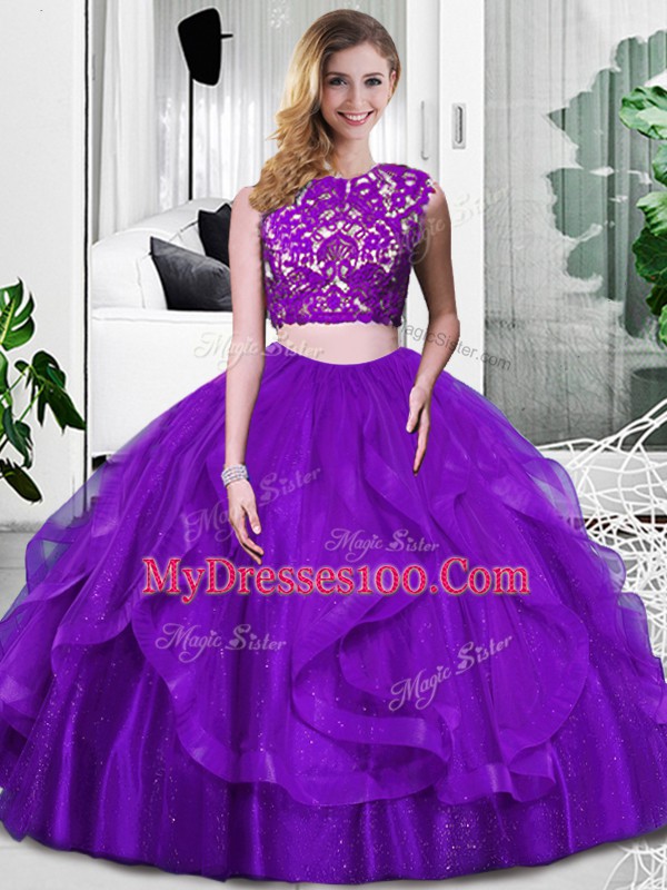 Top Selling Scoop Sleeveless Zipper Quinceanera Dress Purple Tulle