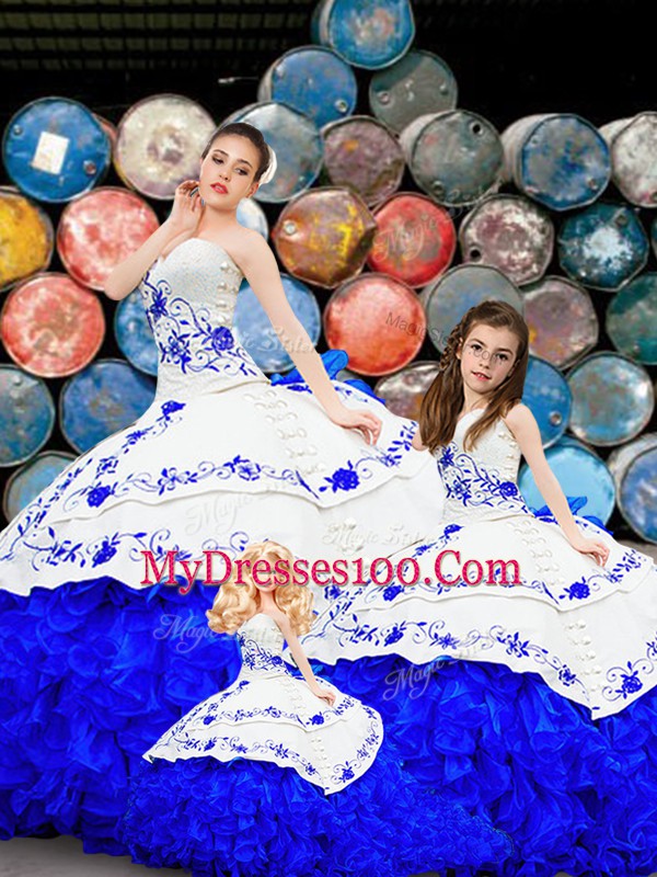 Edgy Royal Blue Quinceanera Gown Military Ball and Sweet 16 and Quinceanera with Embroidery and Ruffles Strapless Sleeveless Brush Train Lace Up