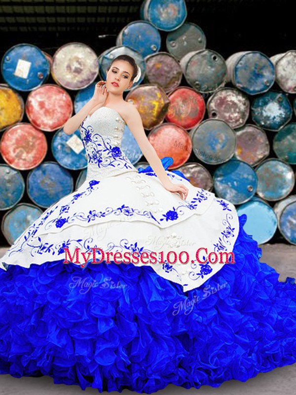 Edgy Royal Blue Quinceanera Gown Military Ball and Sweet 16 and Quinceanera with Embroidery and Ruffles Strapless Sleeveless Brush Train Lace Up