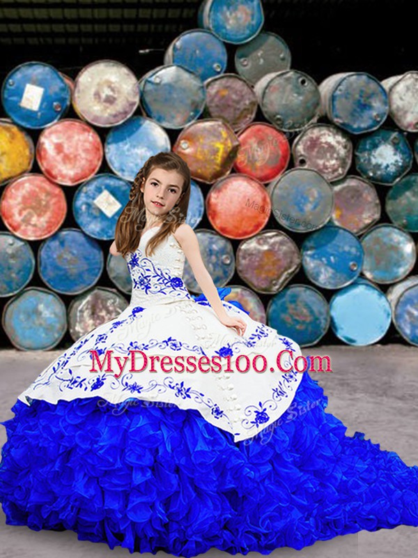 Edgy Royal Blue Quinceanera Gown Military Ball and Sweet 16 and Quinceanera with Embroidery and Ruffles Strapless Sleeveless Brush Train Lace Up
