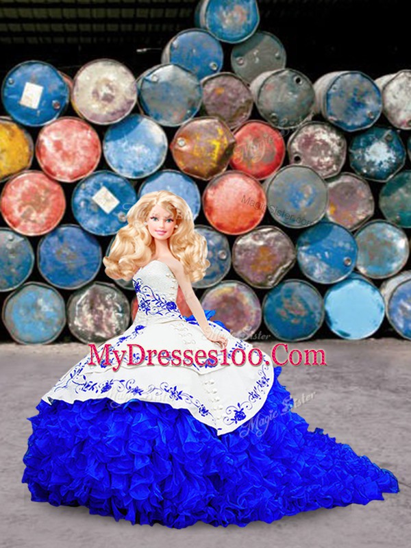 Edgy Royal Blue Quinceanera Gown Military Ball and Sweet 16 and Quinceanera with Embroidery and Ruffles Strapless Sleeveless Brush Train Lace Up