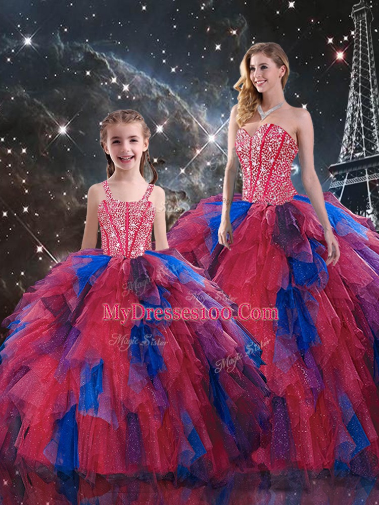 Attractive Multi-color Ball Gowns Tulle Sweetheart Sleeveless Beading and Ruffled Layers Lace Up 15th Birthday Dress