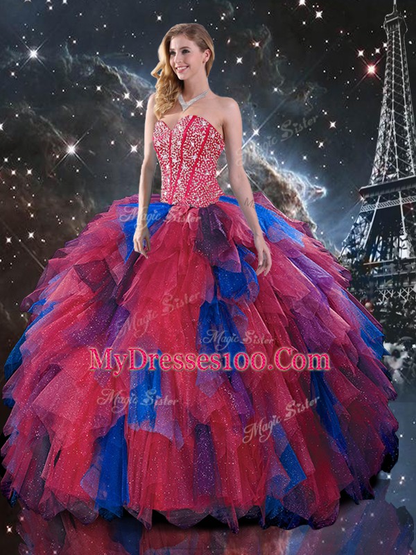 Attractive Multi-color Ball Gowns Tulle Sweetheart Sleeveless Beading and Ruffled Layers Lace Up 15th Birthday Dress