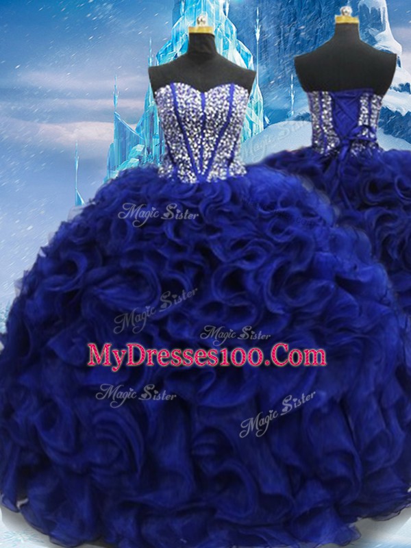 Royal Blue Sleeveless Beading Floor Length Quince Ball Gowns