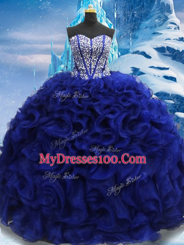 Royal Blue Sleeveless Beading Floor Length Quince Ball Gowns