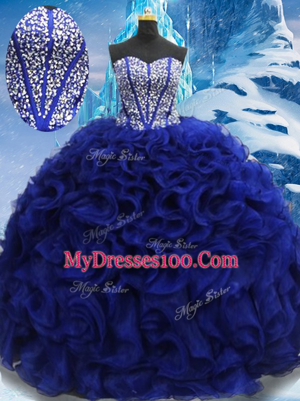 Royal Blue Sleeveless Beading Floor Length Quince Ball Gowns