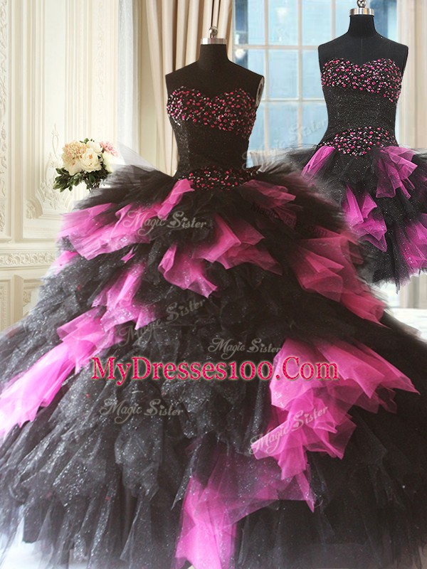 Great Pink And Black Sleeveless Beading and Ruffles Floor Length Quinceanera Dress