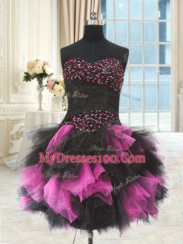Great Pink And Black Sleeveless Beading and Ruffles Floor Length Quinceanera Dress