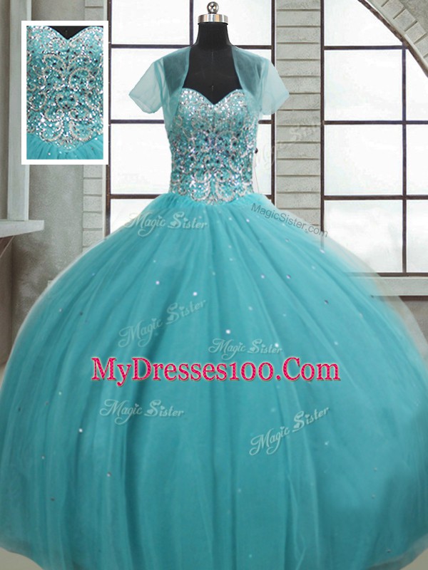 Fashion Floor Length Aqua Blue Quinceanera Dress Tulle Sleeveless Beading and Sequins