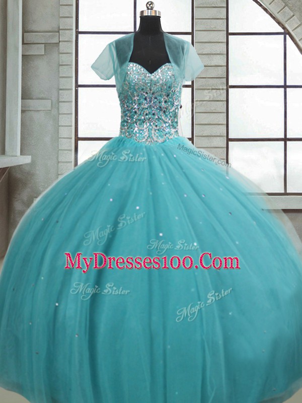 Fashion Floor Length Aqua Blue Quinceanera Dress Tulle Sleeveless Beading and Sequins
