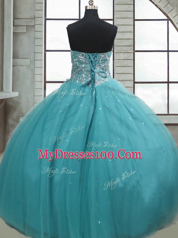 Fashion Floor Length Aqua Blue Quinceanera Dress Tulle Sleeveless Beading and Sequins