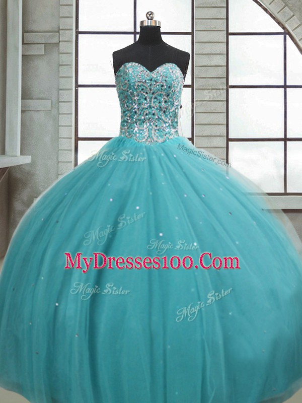 Fashion Floor Length Aqua Blue Quinceanera Dress Tulle Sleeveless Beading and Sequins