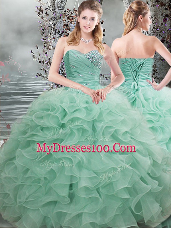 Sleeveless Floor Length Beading and Ruffles Lace Up Sweet 16 Quinceanera Dress with Apple Green