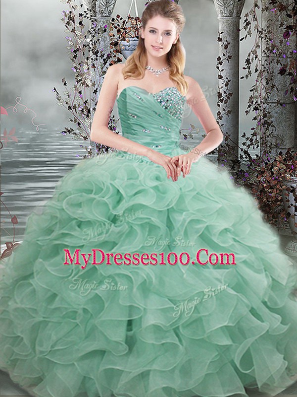 Sleeveless Floor Length Beading and Ruffles Lace Up Sweet 16 Quinceanera Dress with Apple Green