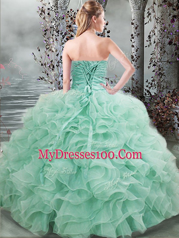 Sleeveless Floor Length Beading and Ruffles Lace Up Sweet 16 Quinceanera Dress with Apple Green