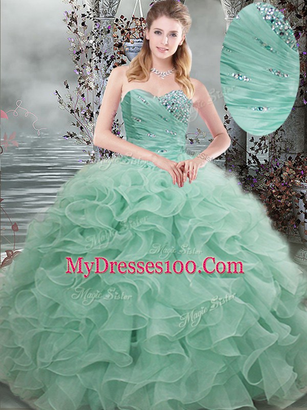 Sleeveless Floor Length Beading and Ruffles Lace Up Sweet 16 Quinceanera Dress with Apple Green