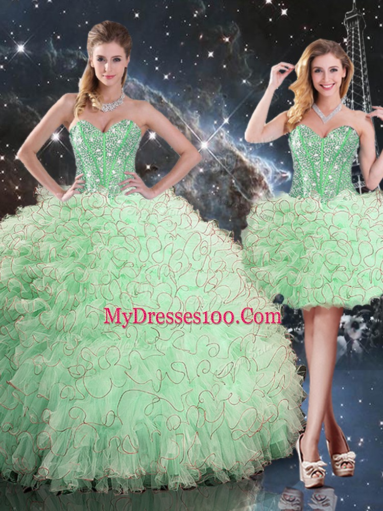 Floor Length Apple Green Quinceanera Dress Organza Sleeveless Beading and Ruffles