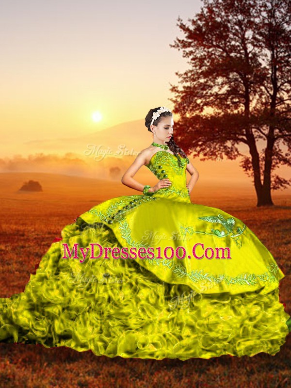 Graceful Yellow Green Lace Up Quinceanera Dress Embroidery and Ruffles Sleeveless Brush Train