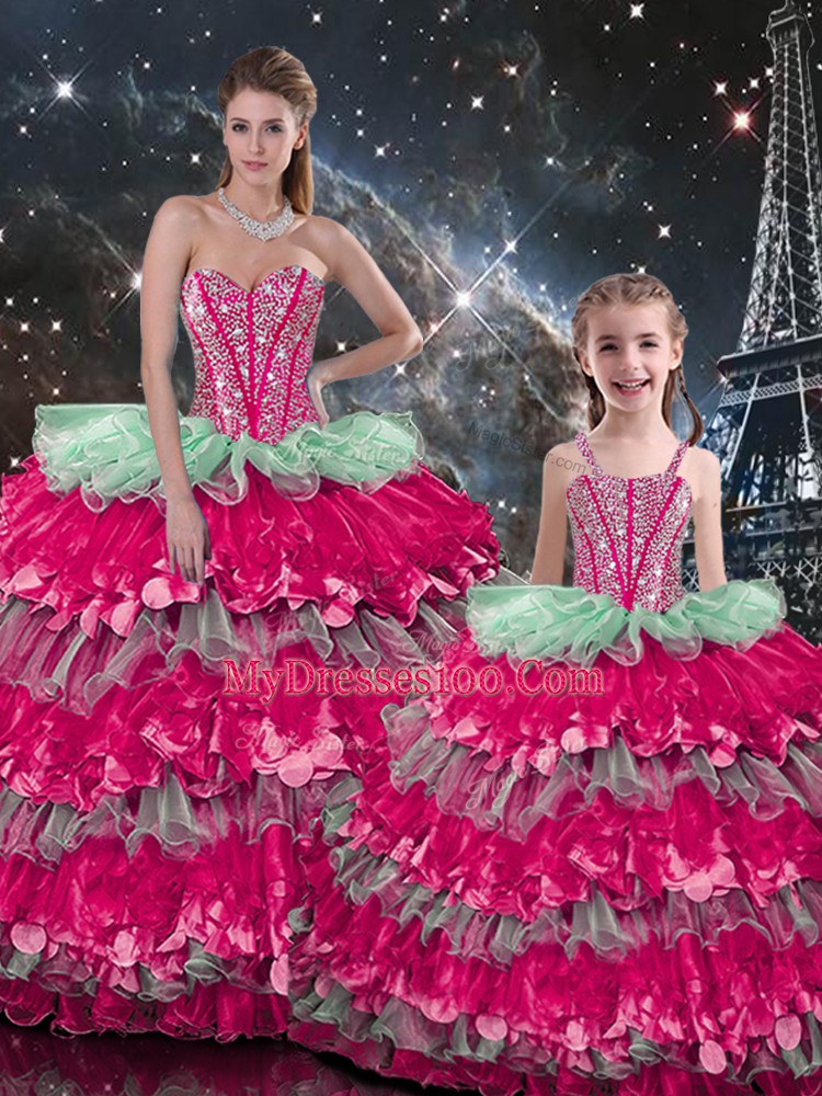 Organza Sleeveless Floor Length Quinceanera Dress and Beading and Ruffles