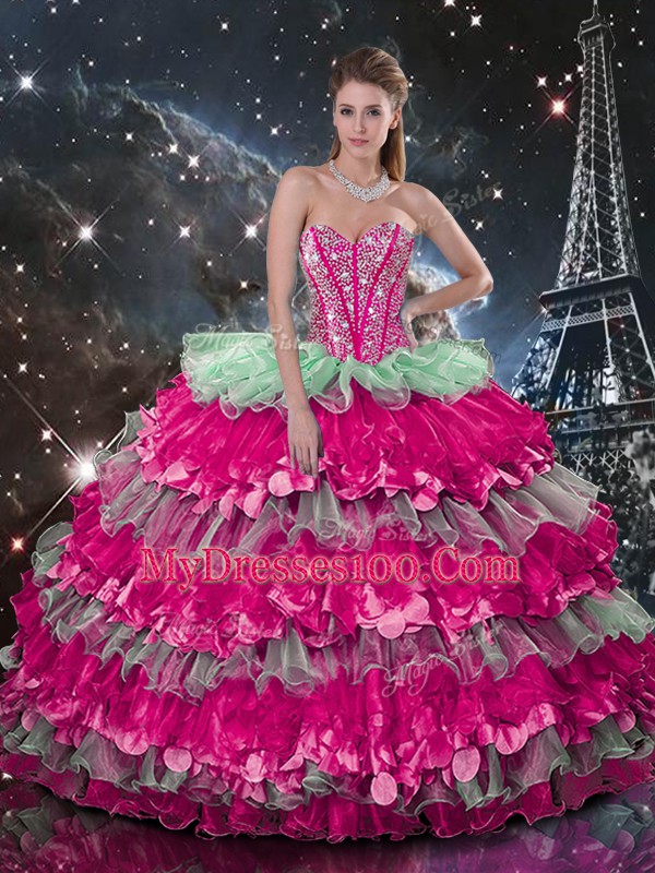 Organza Sleeveless Floor Length Quinceanera Dress and Beading and Ruffles