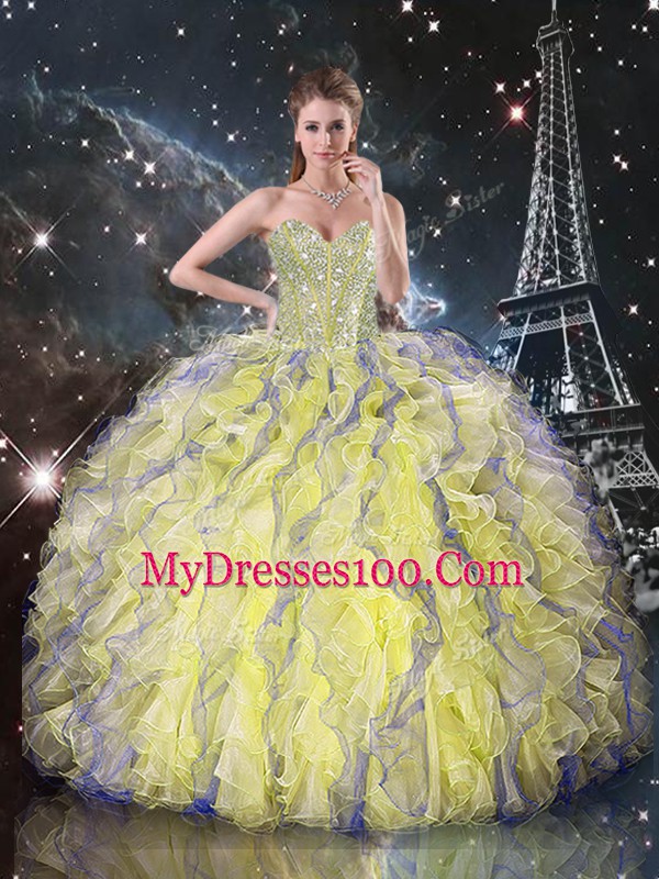 Sweetheart Sleeveless Lace Up Vestidos de Quinceanera Yellow Organza