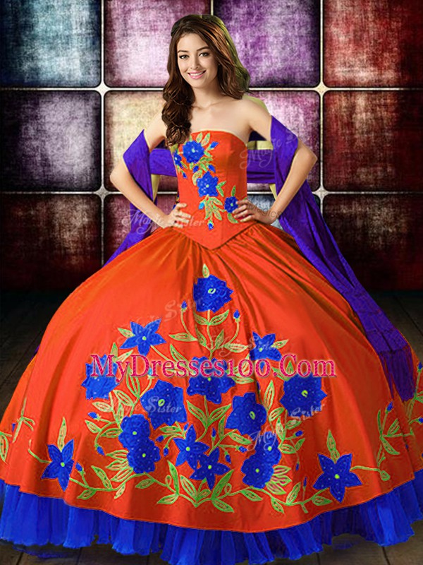 Eye-catching Multi-color Ball Gowns Strapless Sleeveless Taffeta Floor Length Lace Up Embroidery Vestidos de Quinceanera