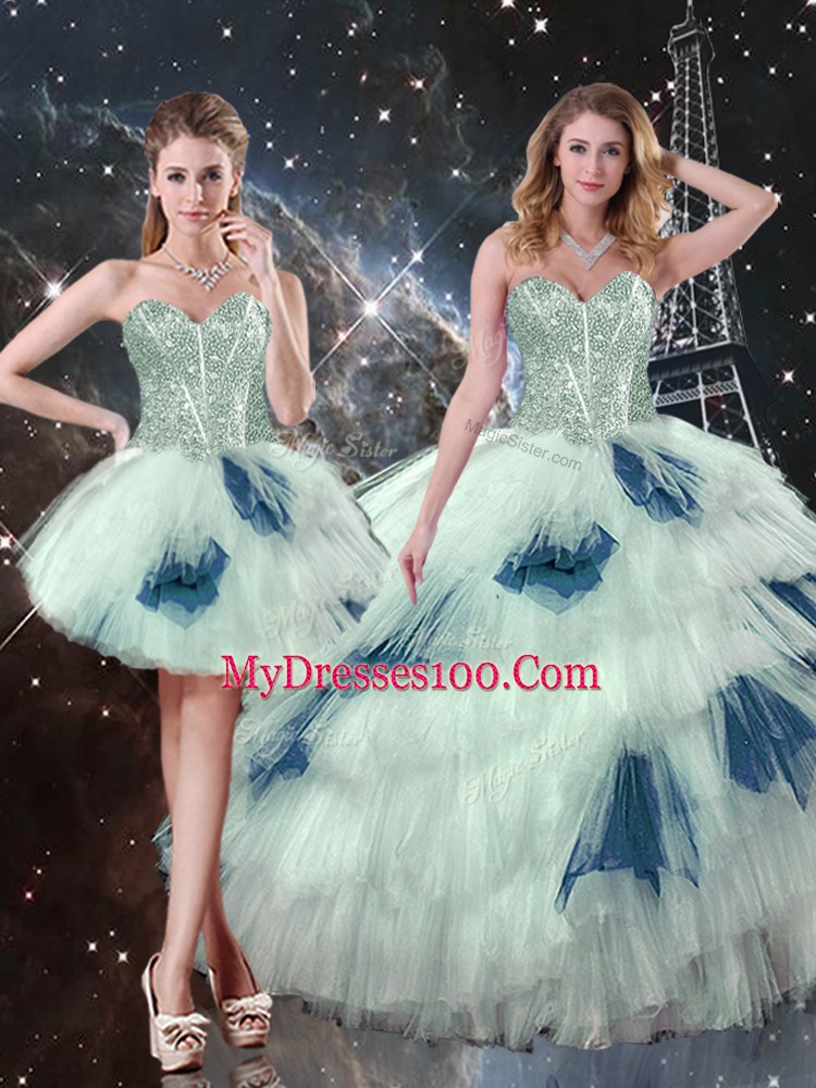 Floor Length Blue And White Quinceanera Gown Tulle Sleeveless Ruffled Layers