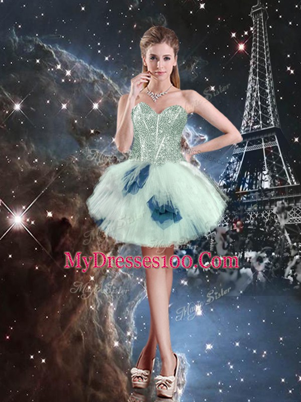 Floor Length Blue And White Quinceanera Gown Tulle Sleeveless Ruffled Layers