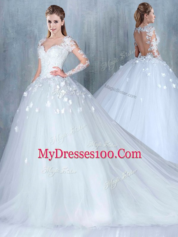 Long Sleeves Court Train Lace Backless Wedding Dresses