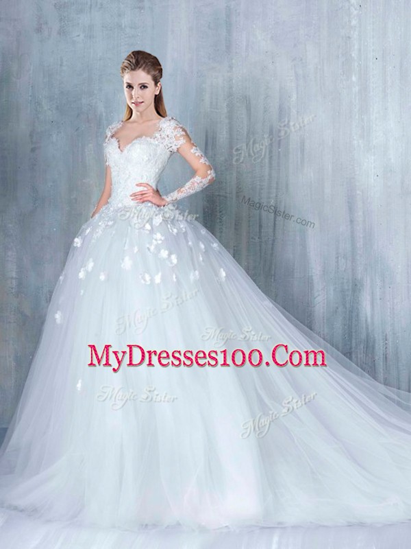 Long Sleeves Court Train Lace Backless Wedding Dresses