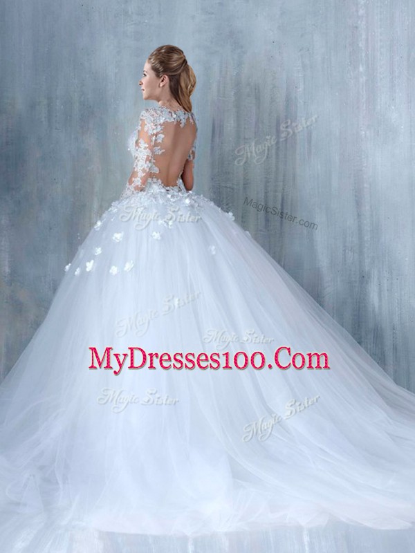 Long Sleeves Court Train Lace Backless Wedding Dresses