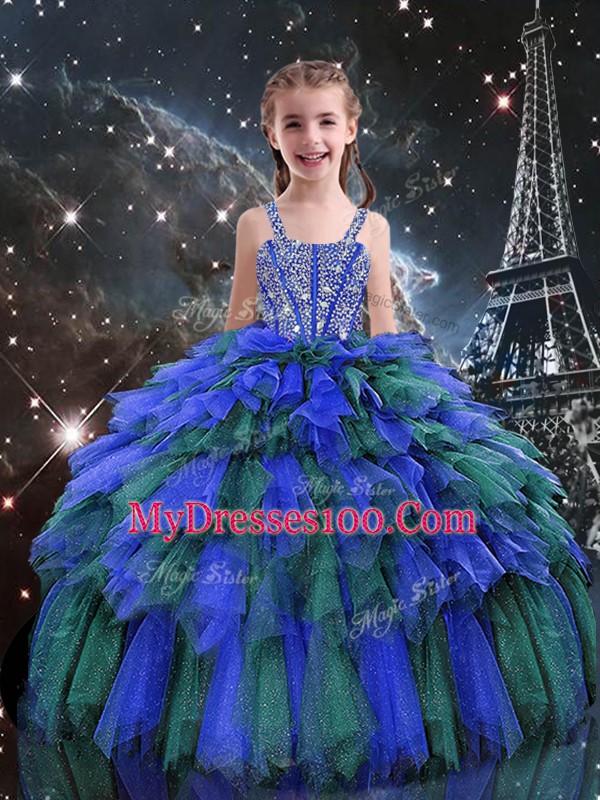 Elegant Blue Tulle Lace Up Straps Sleeveless Floor Length Little Girl Pageant Dress Beading and Ruffles