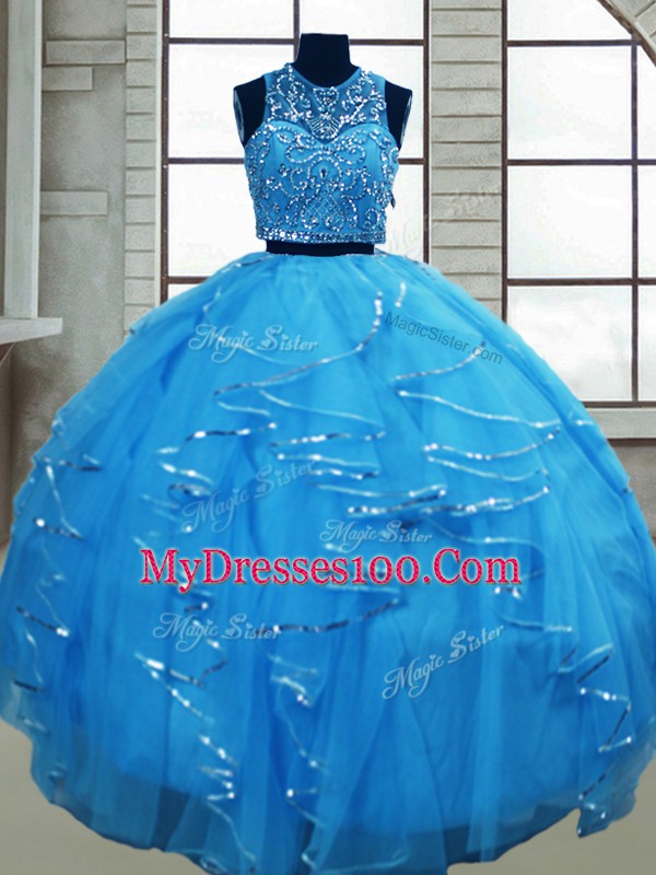 Charming Baby Blue Tulle Lace Up Sweet 16 Dress Sleeveless Floor Length Beading and Ruffles