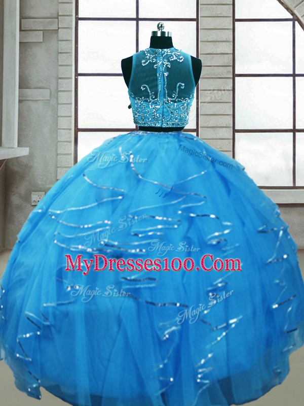 Charming Baby Blue Tulle Lace Up Sweet 16 Dress Sleeveless Floor Length Beading and Ruffles