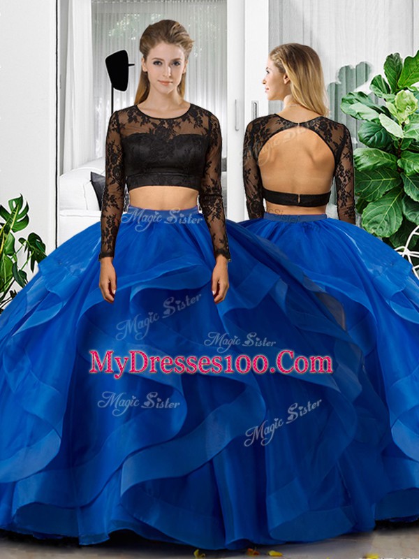 Blue Scoop Backless Lace and Ruffles Ball Gown Prom Dress Long Sleeves