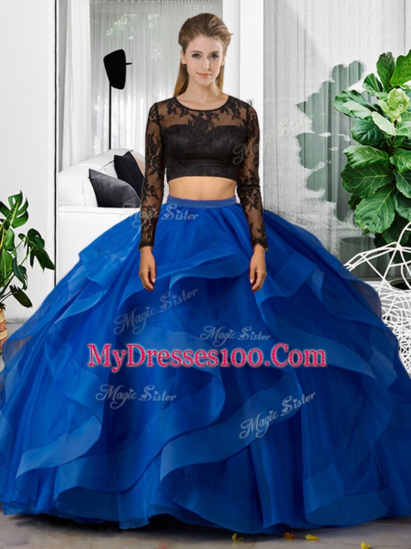 Blue Scoop Backless Lace and Ruffles Ball Gown Prom Dress Long Sleeves