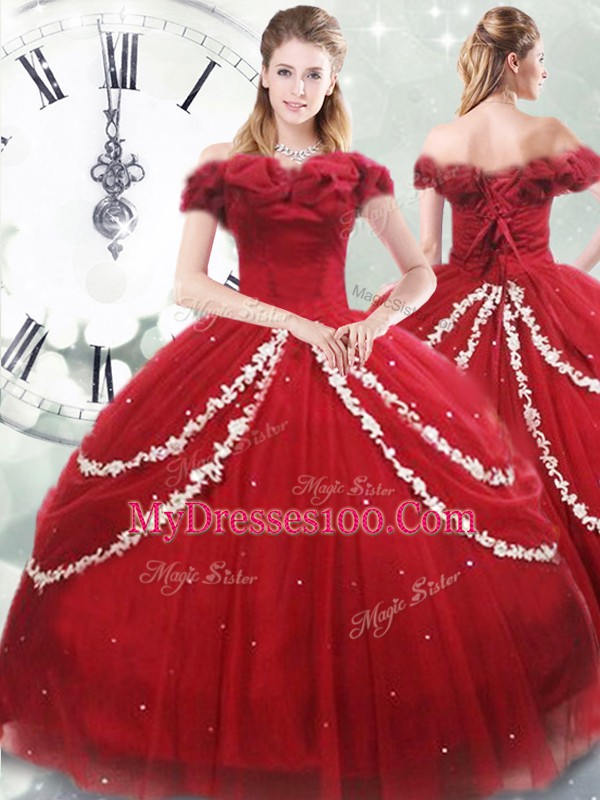 Off The Shoulder Sleeveless Tulle Quinceanera Dress Appliques and Pick Ups Brush Train Lace Up
