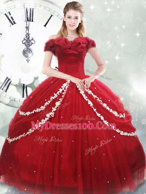 Off The Shoulder Sleeveless Tulle Quinceanera Dress Appliques and Pick Ups Brush Train Lace Up